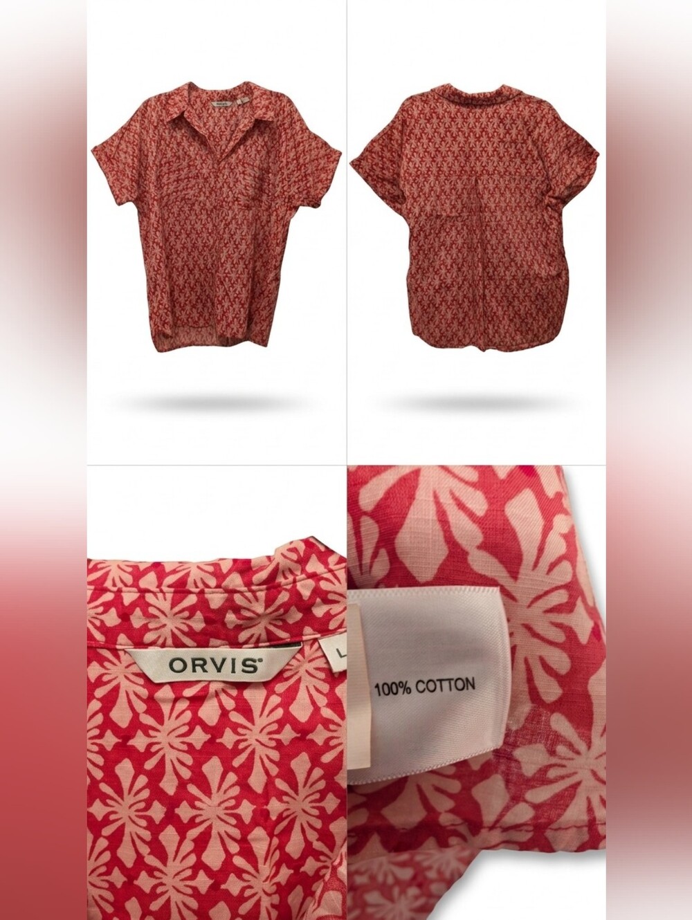Orvis Red Pink Geometric Block Print Cotton Short Sleeve Button Down Shirt L
